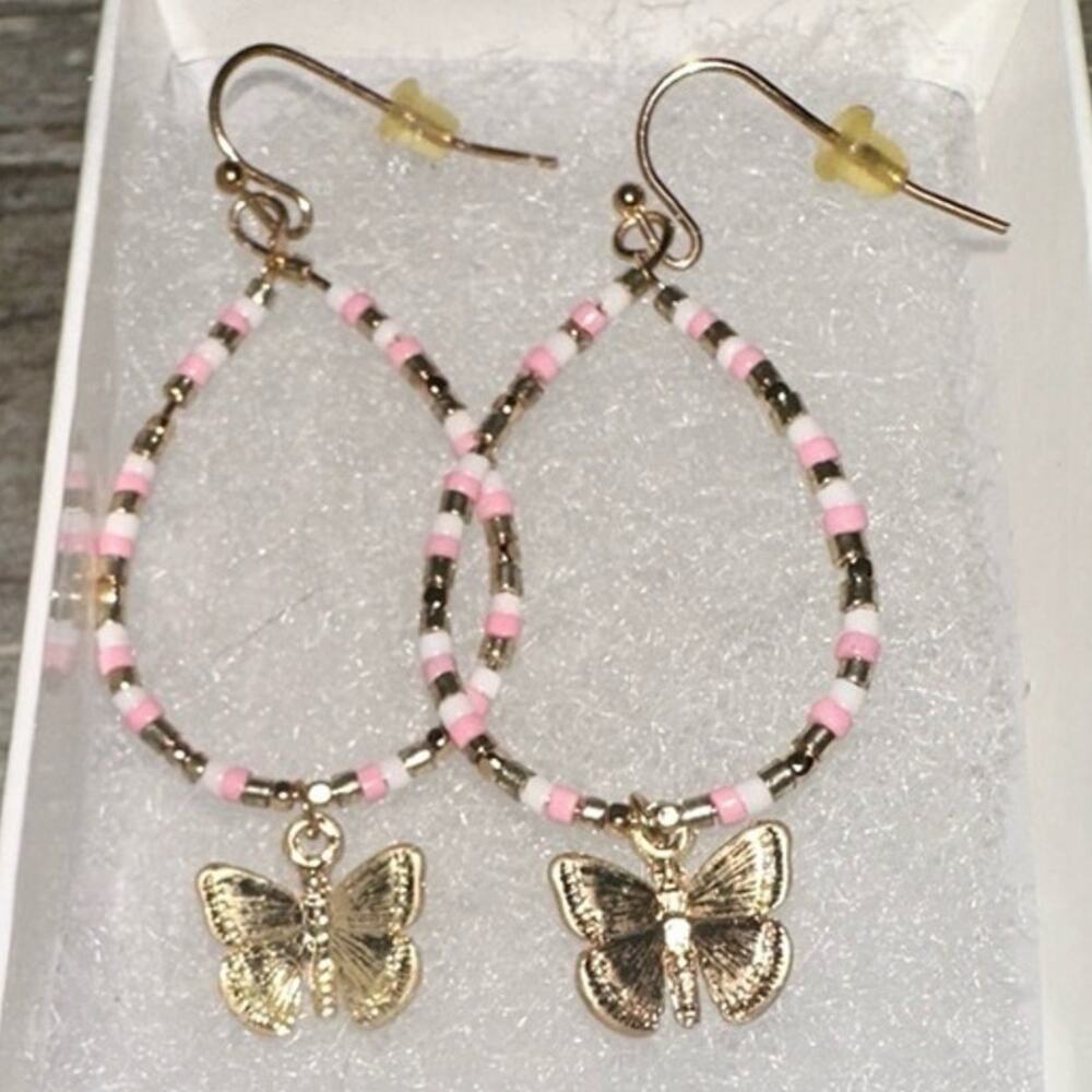 Beaded Butterfly Hanging Earrings by Mint Pink & Gold